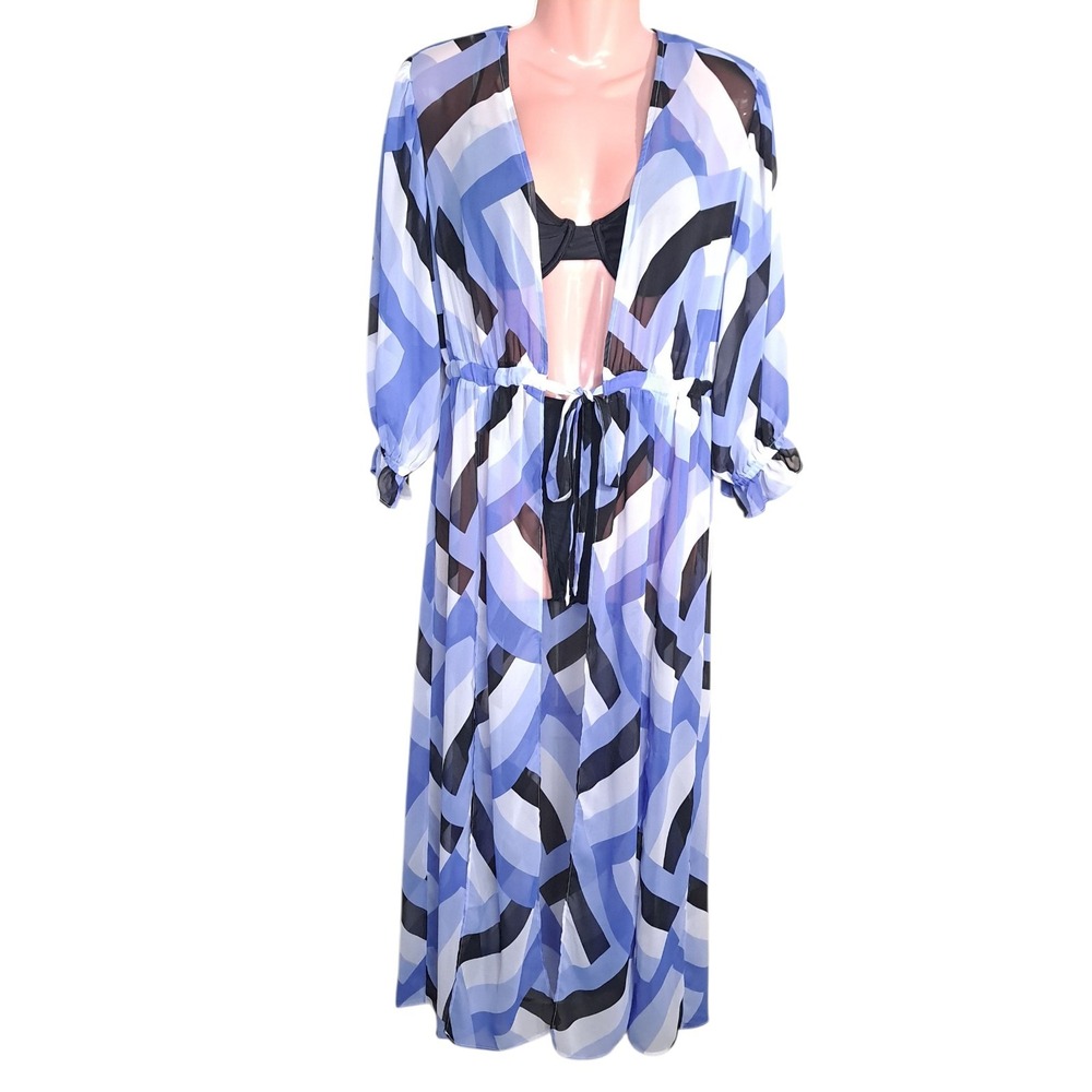Cato Women's Long Cardigan Blue & Black Swimsuit Kimono Cover Up Sheer Size XS